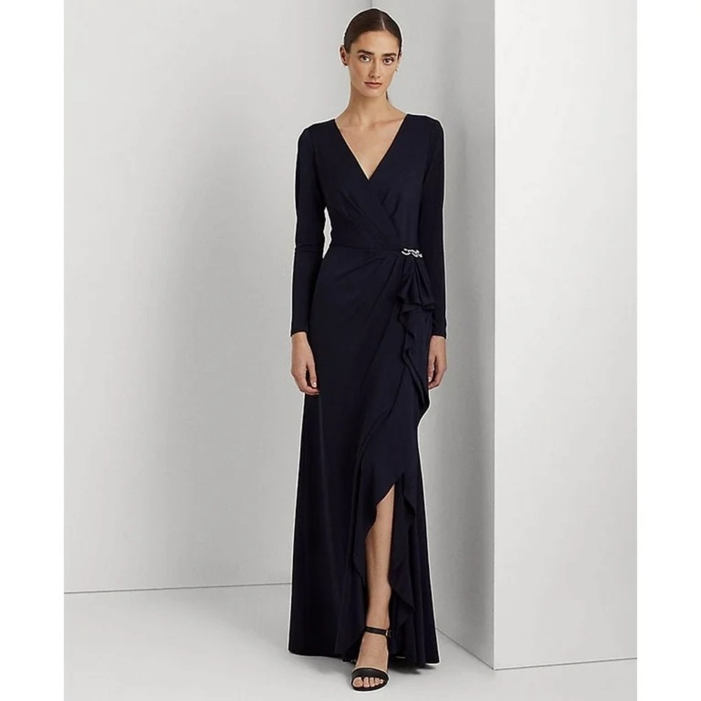 RALPH LAUREN Evening Gown Dress Macy Length with Crystal Brooch Size 10